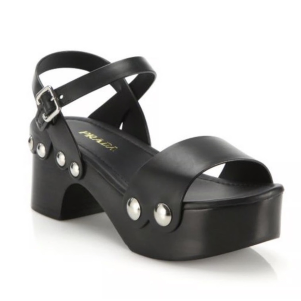 Like New Prada Platform Black Stud Sandal Wooden Clog Size 40